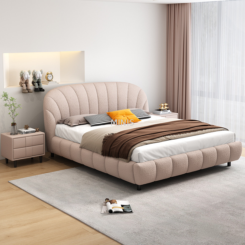 Fabbrica cinese Letto moderno in tessuto beige con mobiletto portaoggetti