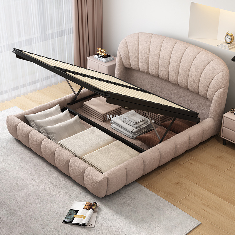 Fabbrica cinese Letto moderno in tessuto beige con mobiletto portaoggetti