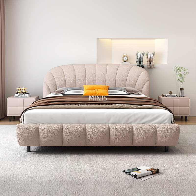 Fabbrica cinese Letto moderno in tessuto beige con mobiletto portaoggetti