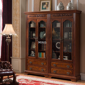 Libreria in legno alta in stile americano con mobile in vetro
