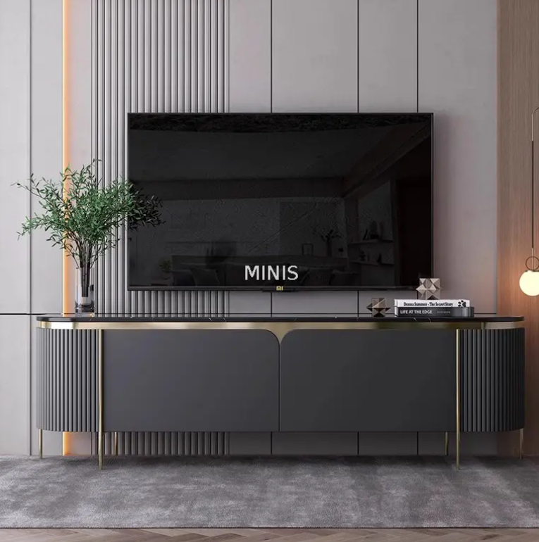 Soggiorno elegante mobile pavimento grigio supporto tv in oro