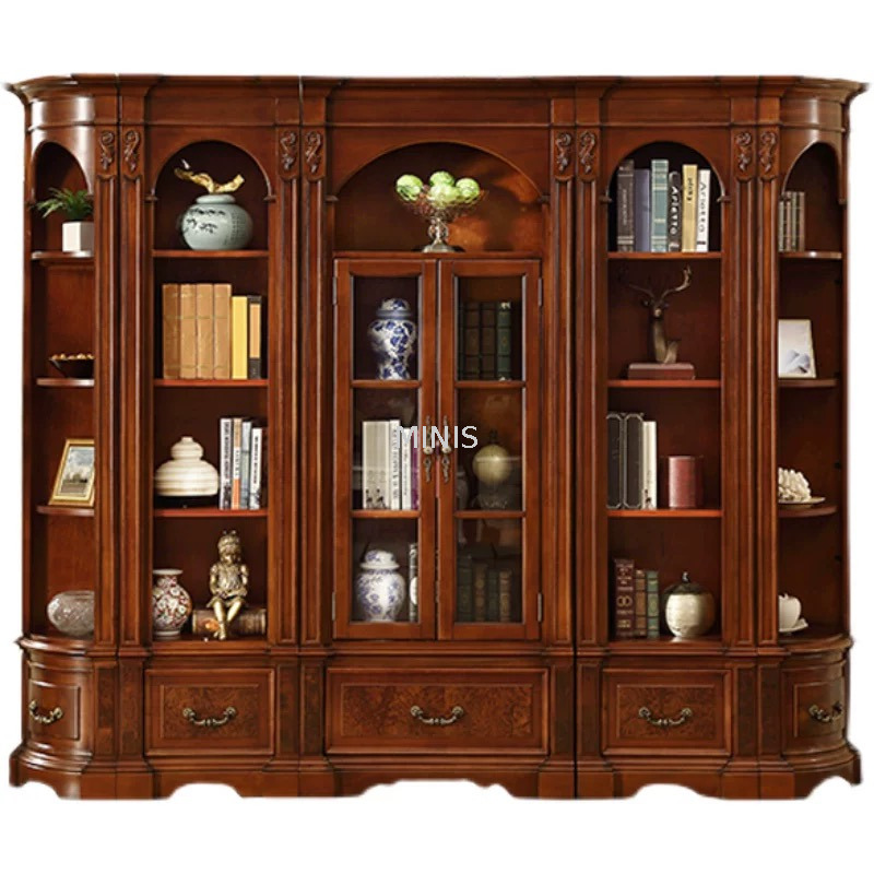 Libreria in legno alta in stile americano con mobile in vetro