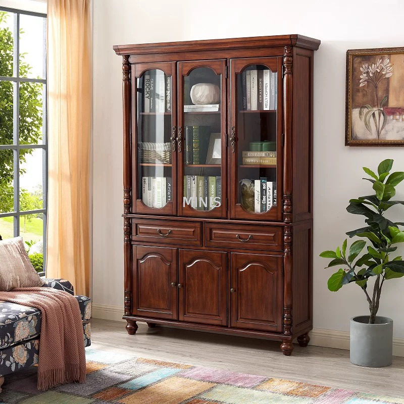 Libreria in legno alta in stile americano con mobile in vetro