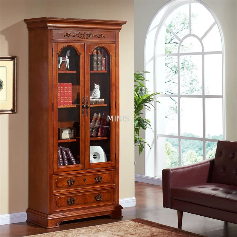 Libreria in legno alta in stile americano con mobile in vetro
