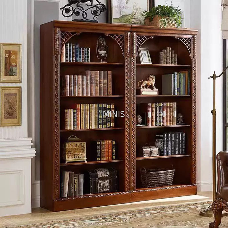 Libreria in legno alta in stile americano con mobile in vetro