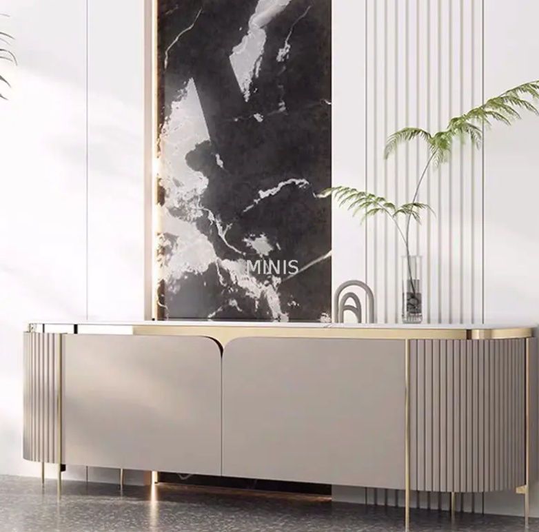 Soggiorno elegante mobile pavimento grigio supporto tv in oro